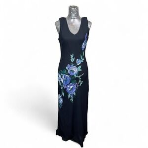 Vintage Y2K Fairy Black Sequin Floral Maxi Dress Sleeveless Evening Gown Medium‎